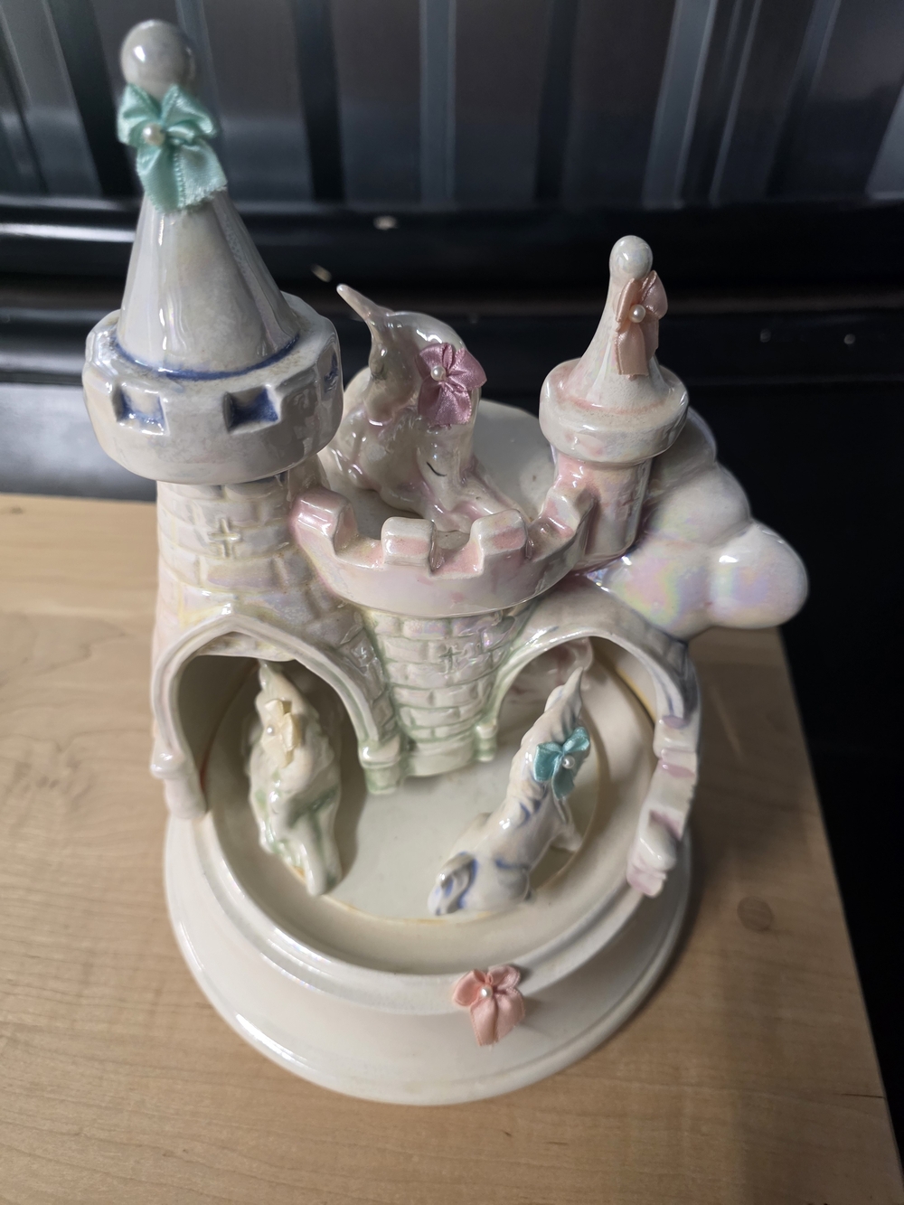Vintage Porcelain Unicorn Castle Figurine Music Box with Pastel Bows